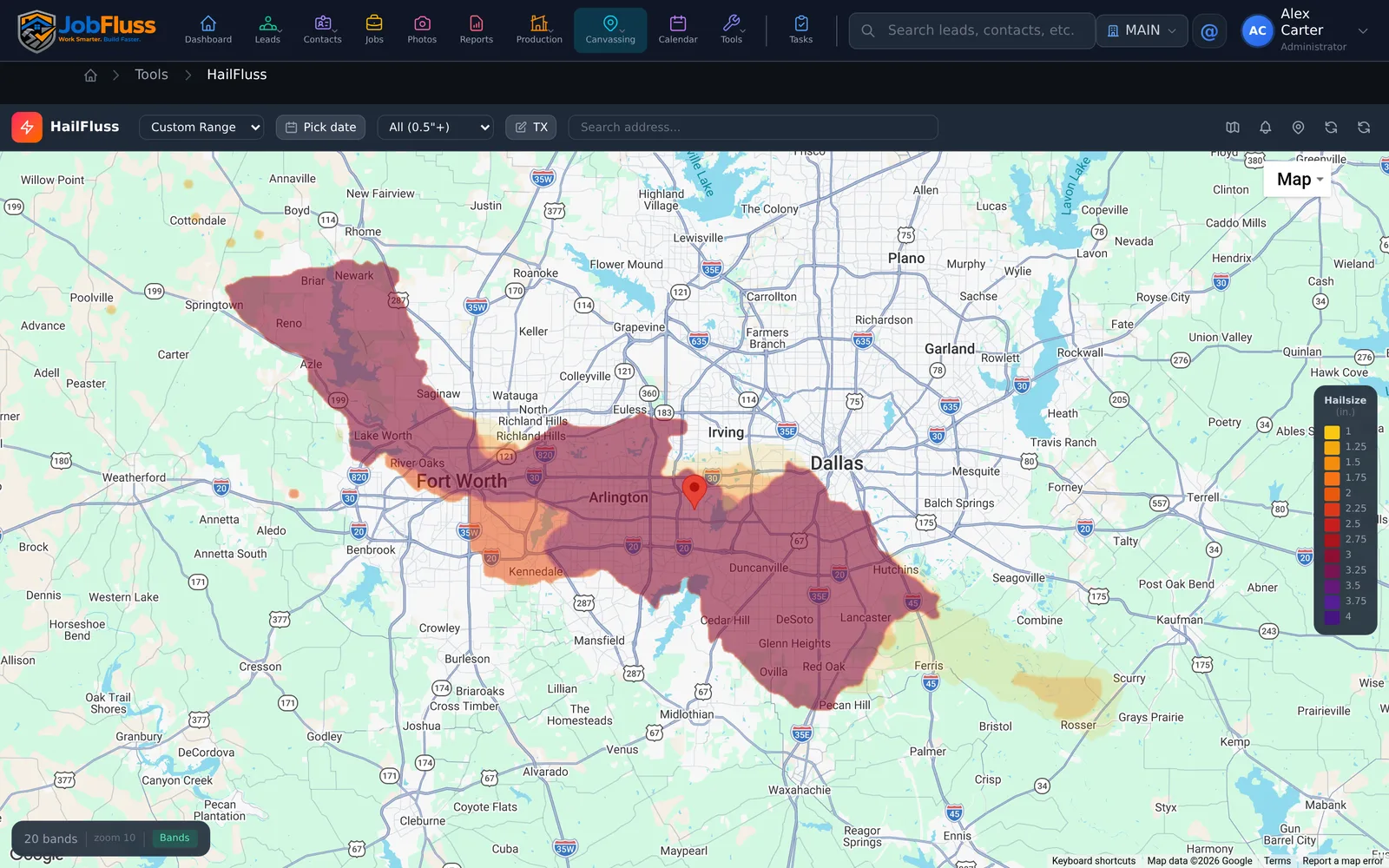 HailFluss map showing radar-estimated hail size bands across Dallas–Fort Worth