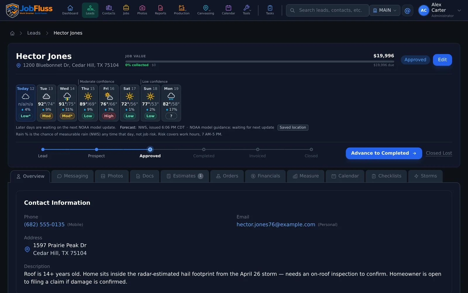 Lead detail with 7-day forecast, job value and pipeline stage